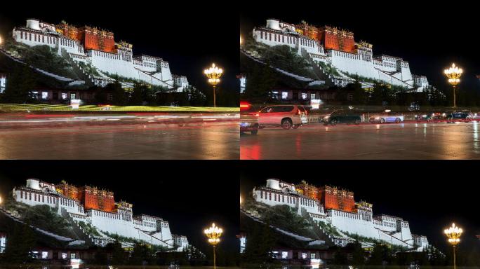 拉萨布达拉宫夜晚车流延时摄影6K素材