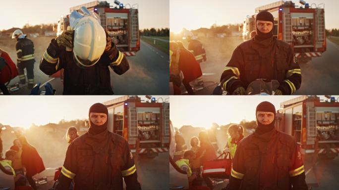 勇敢的消防员脱下头盔的画像。