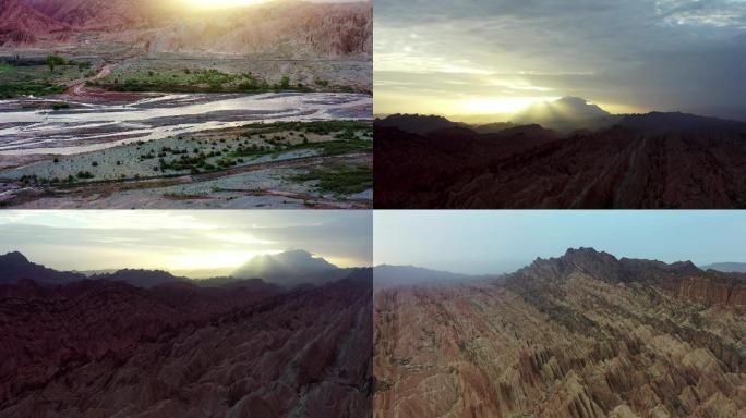 红山峡谷 日出霞光 4k航拍素材