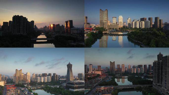 航拍清晨杭州大运河武林商圈合集低中高机位