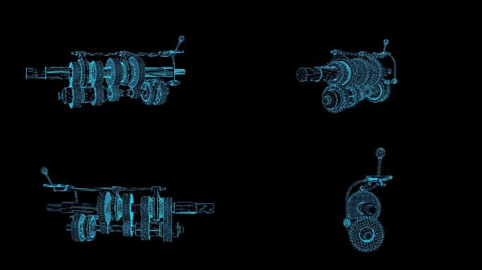 4K蓝色线框全息科技汽车变速箱动画带通道