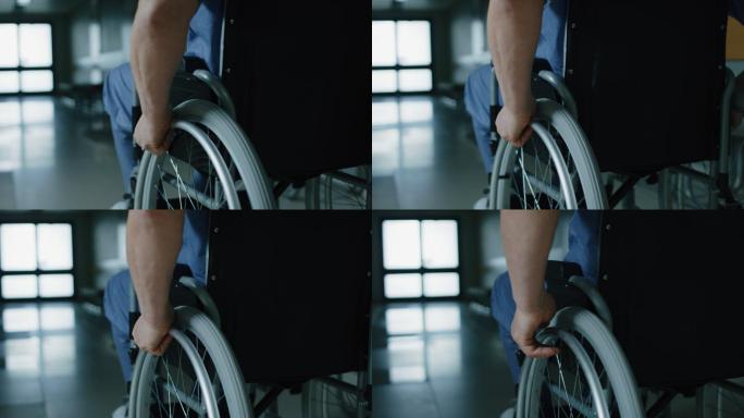 在医院里，一位坐轮椅的老人穿过走廊