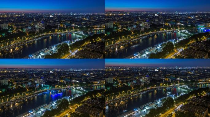 巴黎市和塞纳河的空中夜景