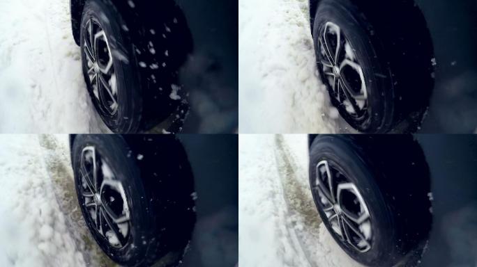 轮胎在雪地上打滑。