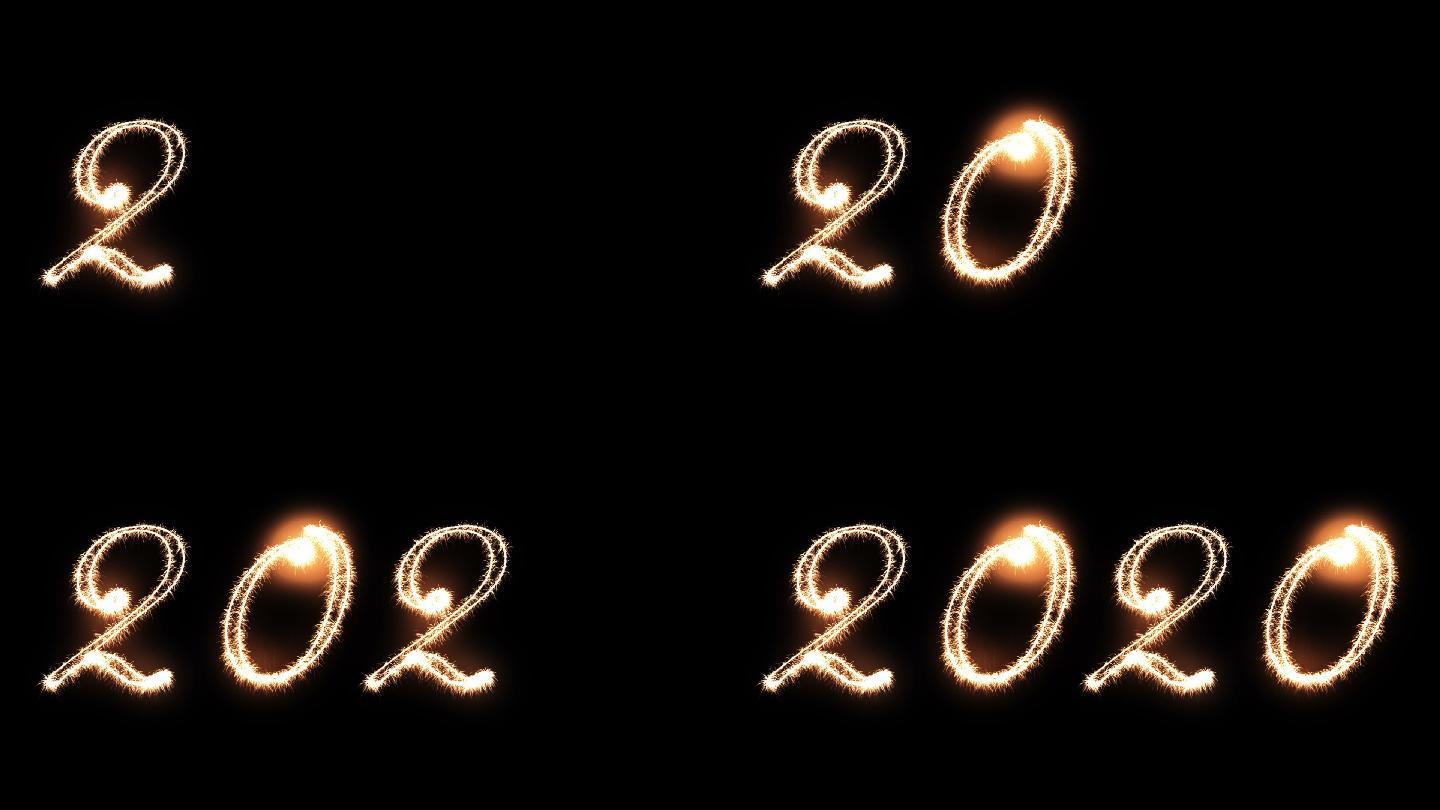 2020年新年用节日火花在黑色背景上书写