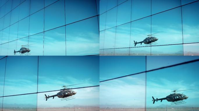 直升机降落玻璃幕墙4K反光反射私人飞机