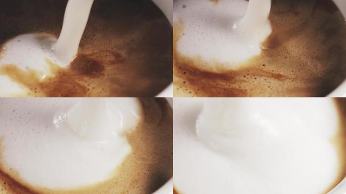 将牛奶倒入咖啡中制作卡布奇诺
