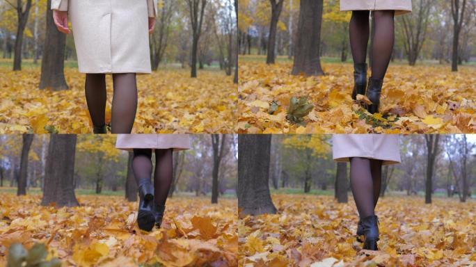 女人在满是黄色落叶的树林里行走