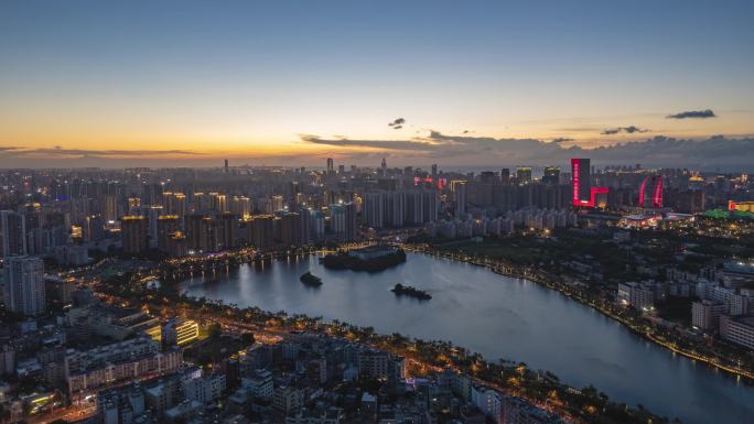 海南海口红城湖夜景航拍延时