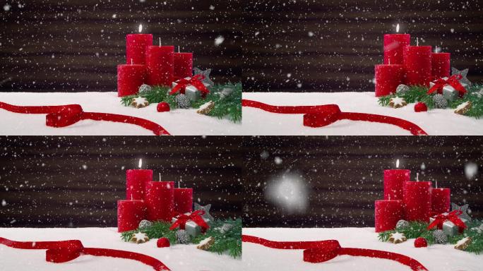 在木制背景前的雪桌上布置圣诞装饰