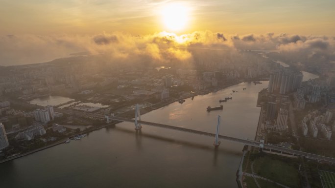 海南海口世纪大桥日出航拍延时