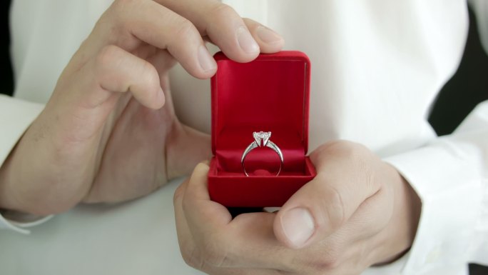 男人用结婚戒指求婚。