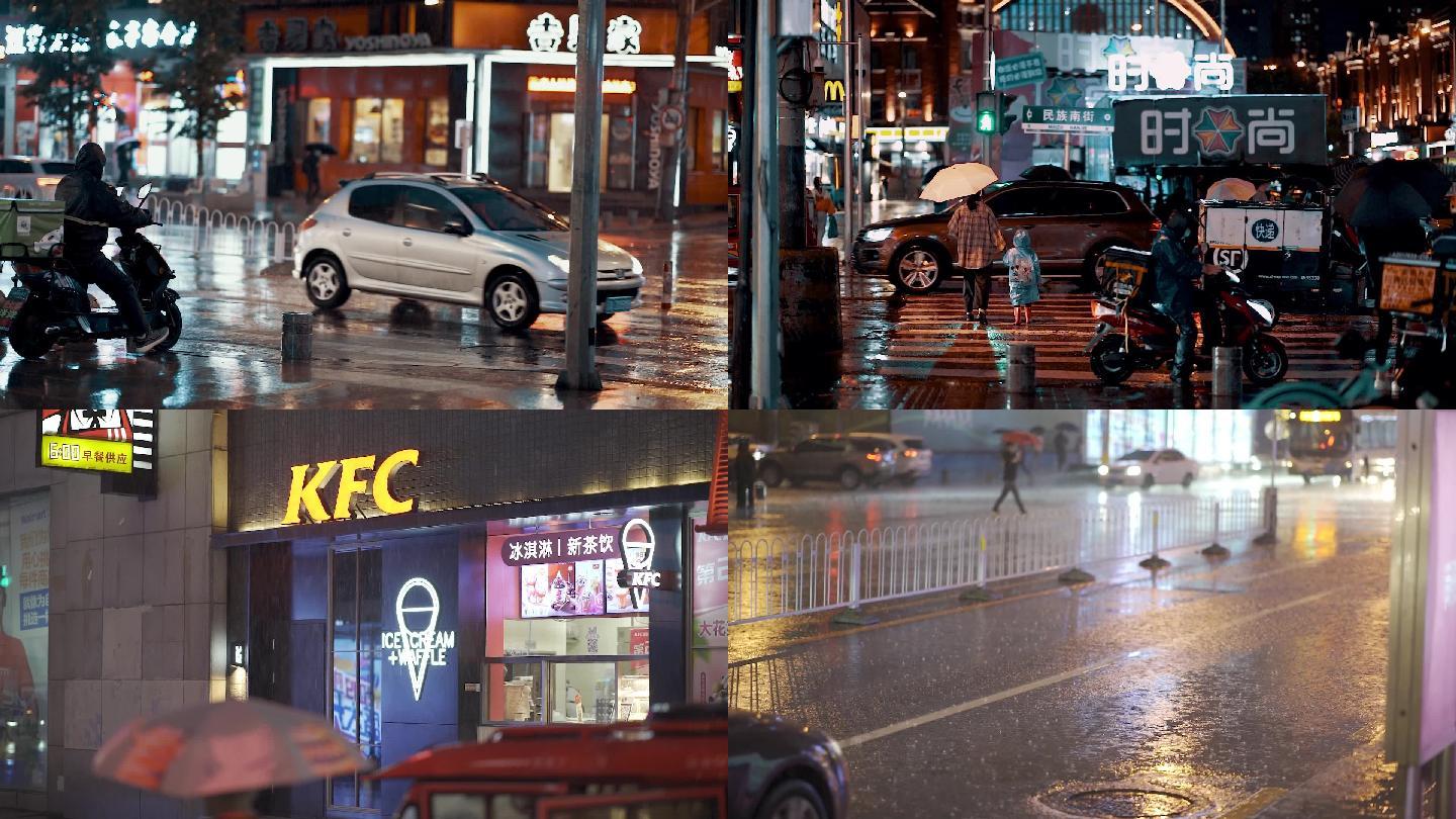 中国辽宁沈阳太原街城市雨天夜景街道