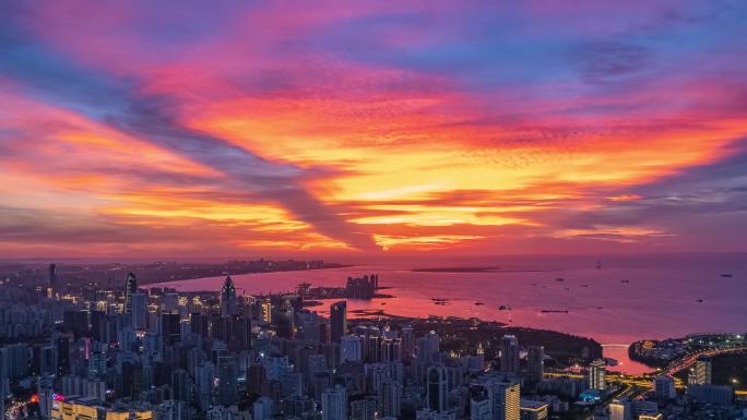 海南海口黄昏夜景航拍延时