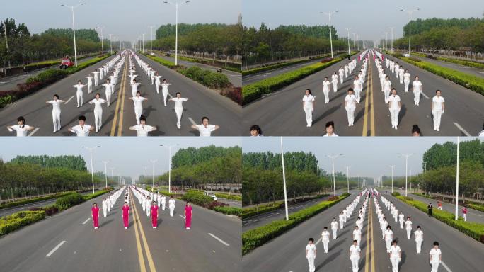 城市道路百人整齐广场舞视频