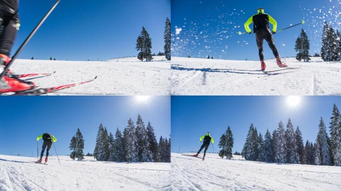 越野滑雪运动员滑冰上坡滑雪