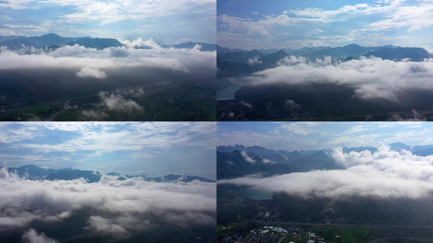 4K高清云海航拍雨后天晴青山云雾环绕蓝天