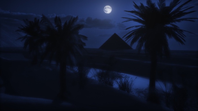 在金字塔与棕榈树上的月亮