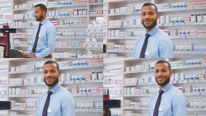 一位年轻男性药剂师站在柜台后面的画像