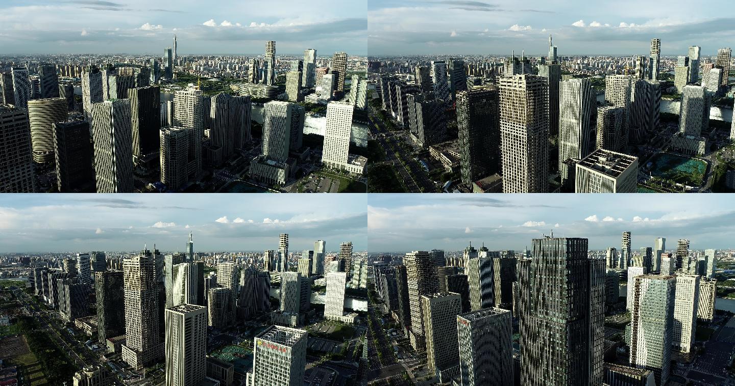 航拍4K天津市滨海新区自贸区写字楼群风景