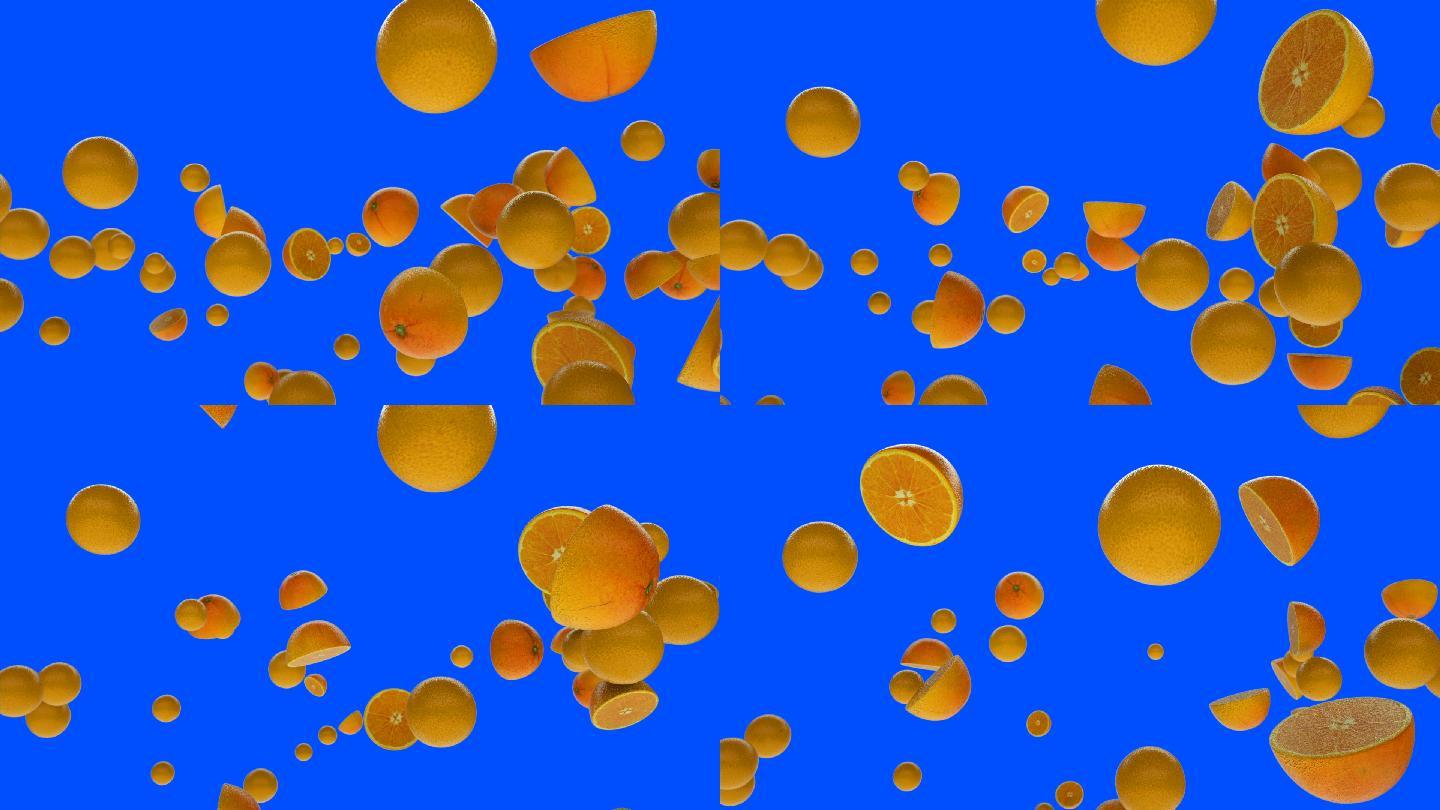新鲜的橙子在蓝色屏幕上慢动作飞行