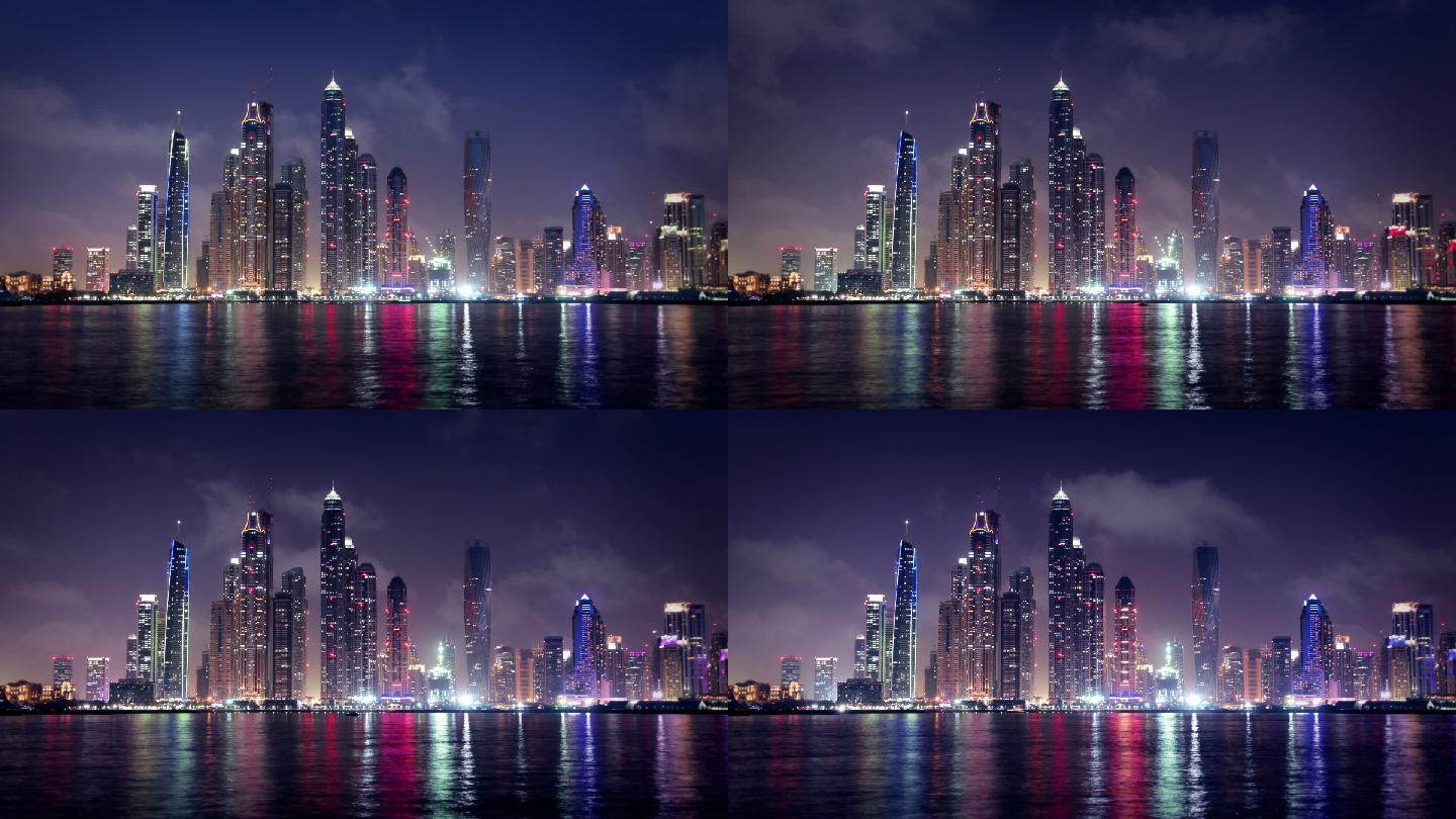 迪拜市中心阿联酋都市霓虹灯光璀璨高楼大厦