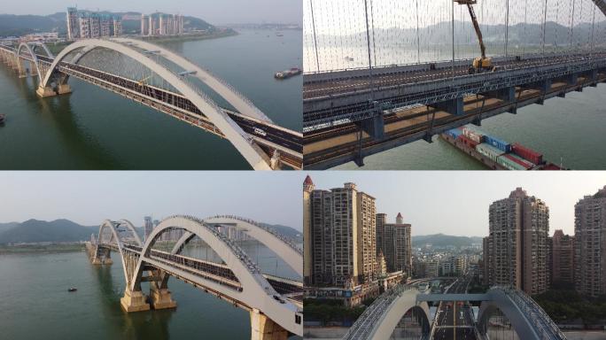 4K航拍广西梧州市高旺大桥新桥建设