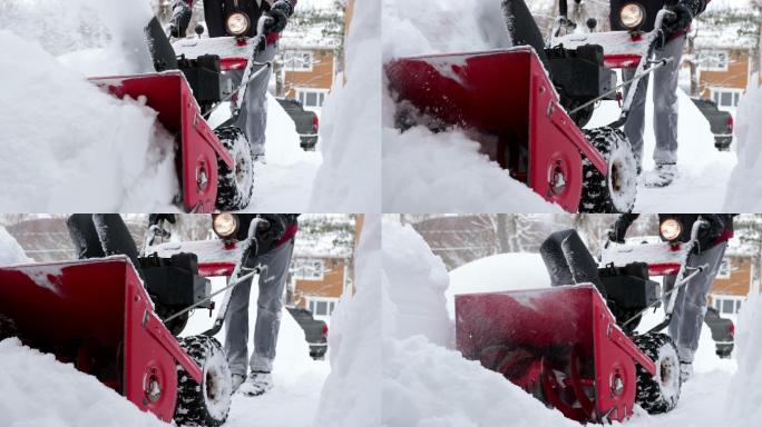 暴风雪过后一名老人使用吹雪机的4K视频