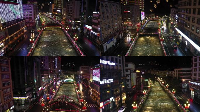 川藏318康定桥河水-夜景航拍视频素材