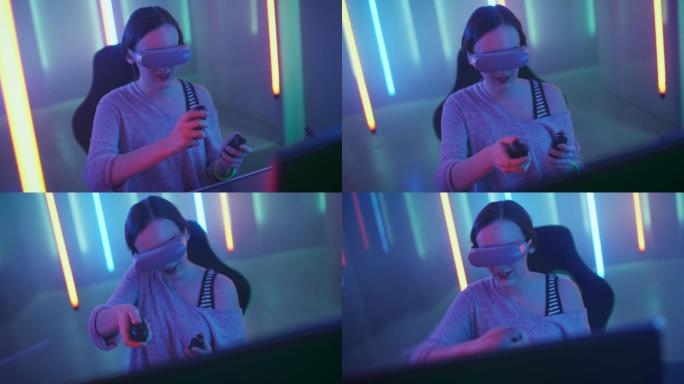 女孩戴着虚拟现实耳机玩在线视频游戏