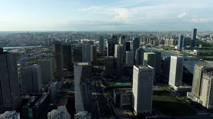 航拍4K天津市滨海新区自贸区写字楼群风景