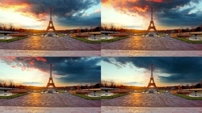 巴黎，日出时的埃菲尔铁塔