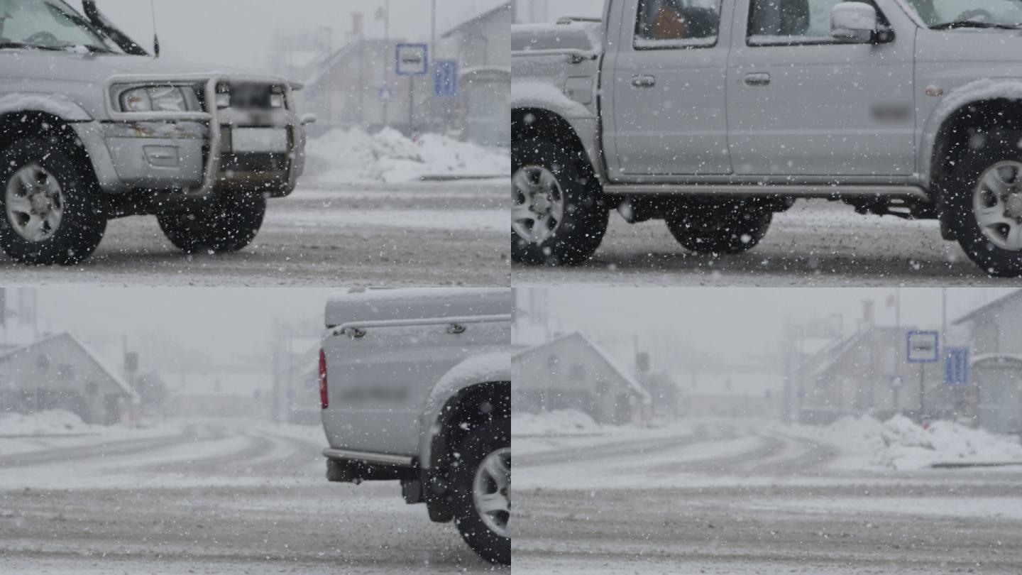 皮卡车沿着湿滑的雪路行驶