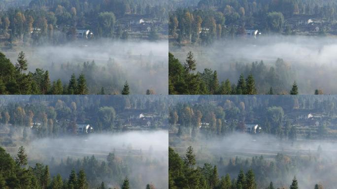 原生态风光云雾从山村飘过