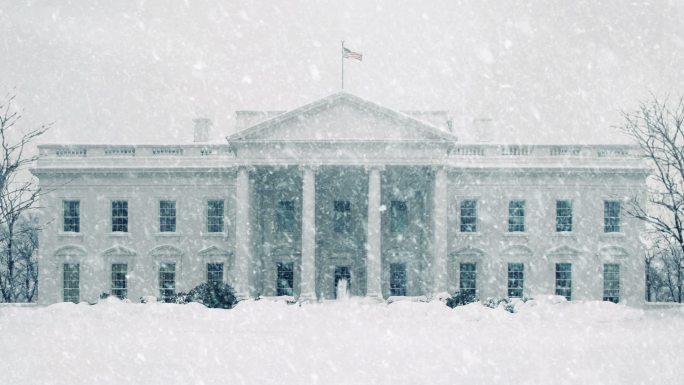 暴风雪中的白宫冬季雪花下雪雾凇风景