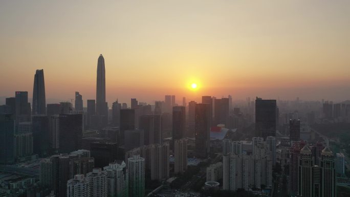 夕阳下的深圳中心区 东往西 航拍