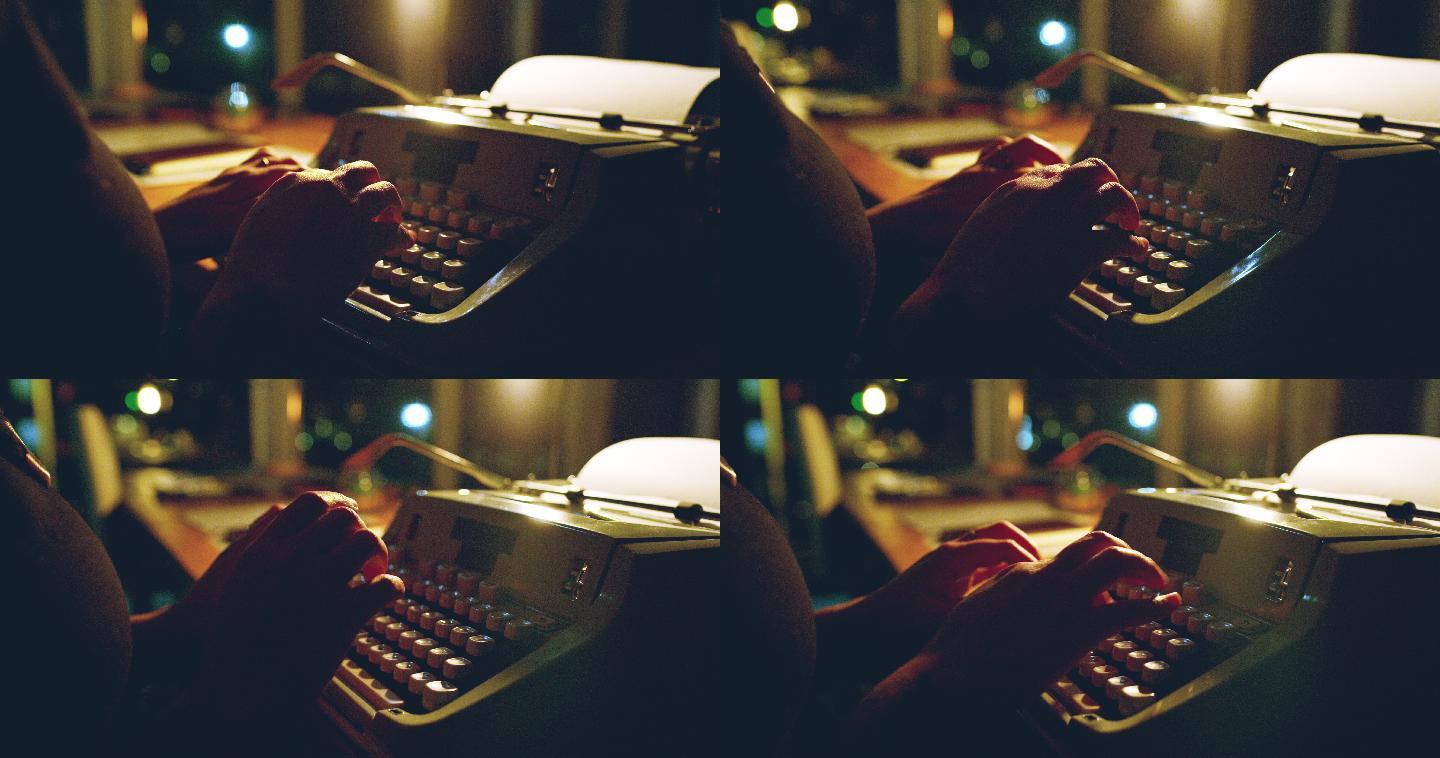 一名妇女深夜使用打字机