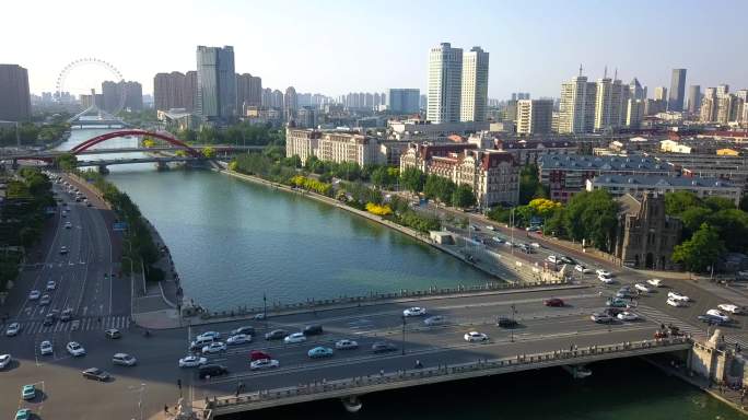 天津海河津湾狮子林桥4K航拍俯瞰城市全景