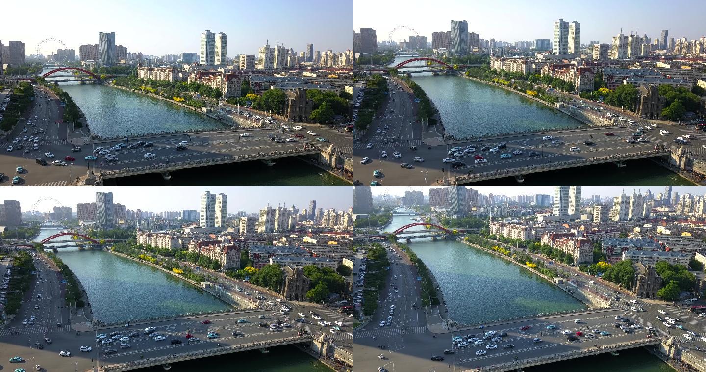 天津海河津湾狮子林桥4K航拍俯瞰城市全景