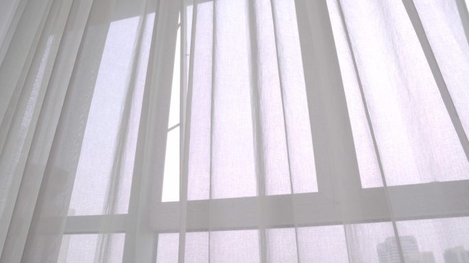 4K阳光透过白色窗帘落地窗