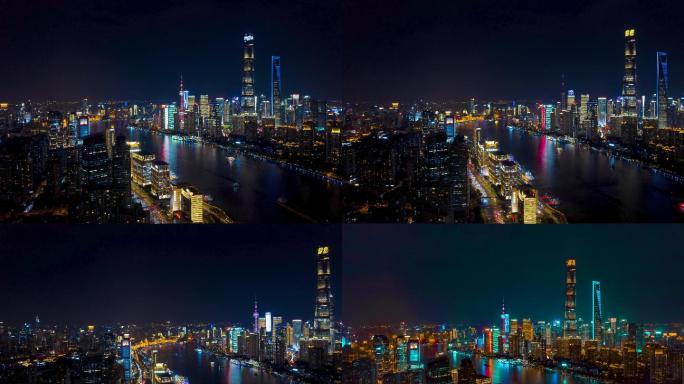 上海黄浦江东方明珠外滩航拍延时夜景
