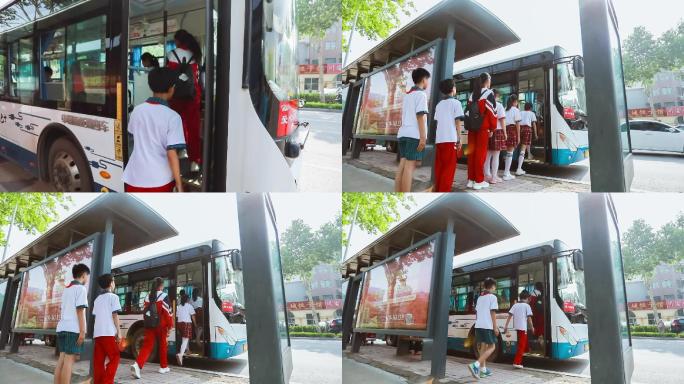 学生等公交车排队上车