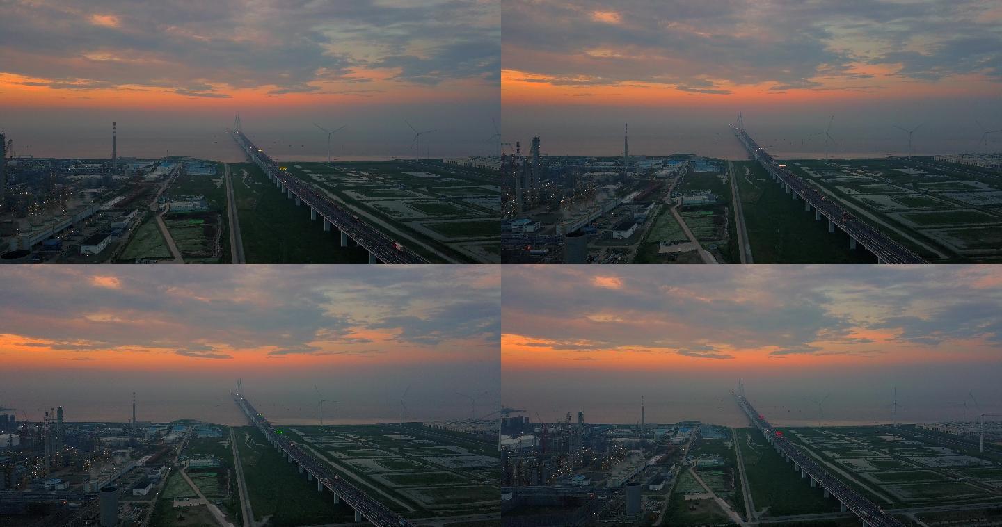 中国基建奇迹杭州湾跨海大桥日出4K航拍