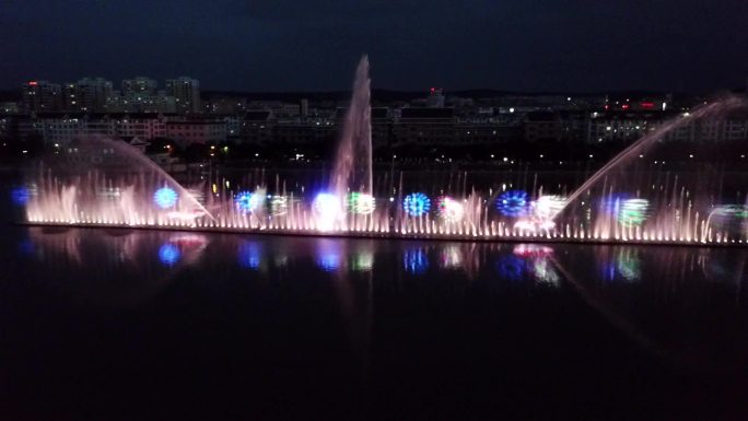 延吉市 喷泉 夜景 航拍