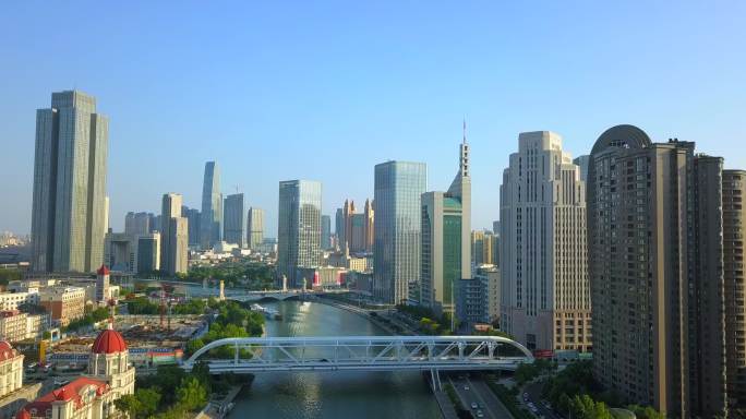 天津海河津湾进步桥4K航拍俯瞰城市全景