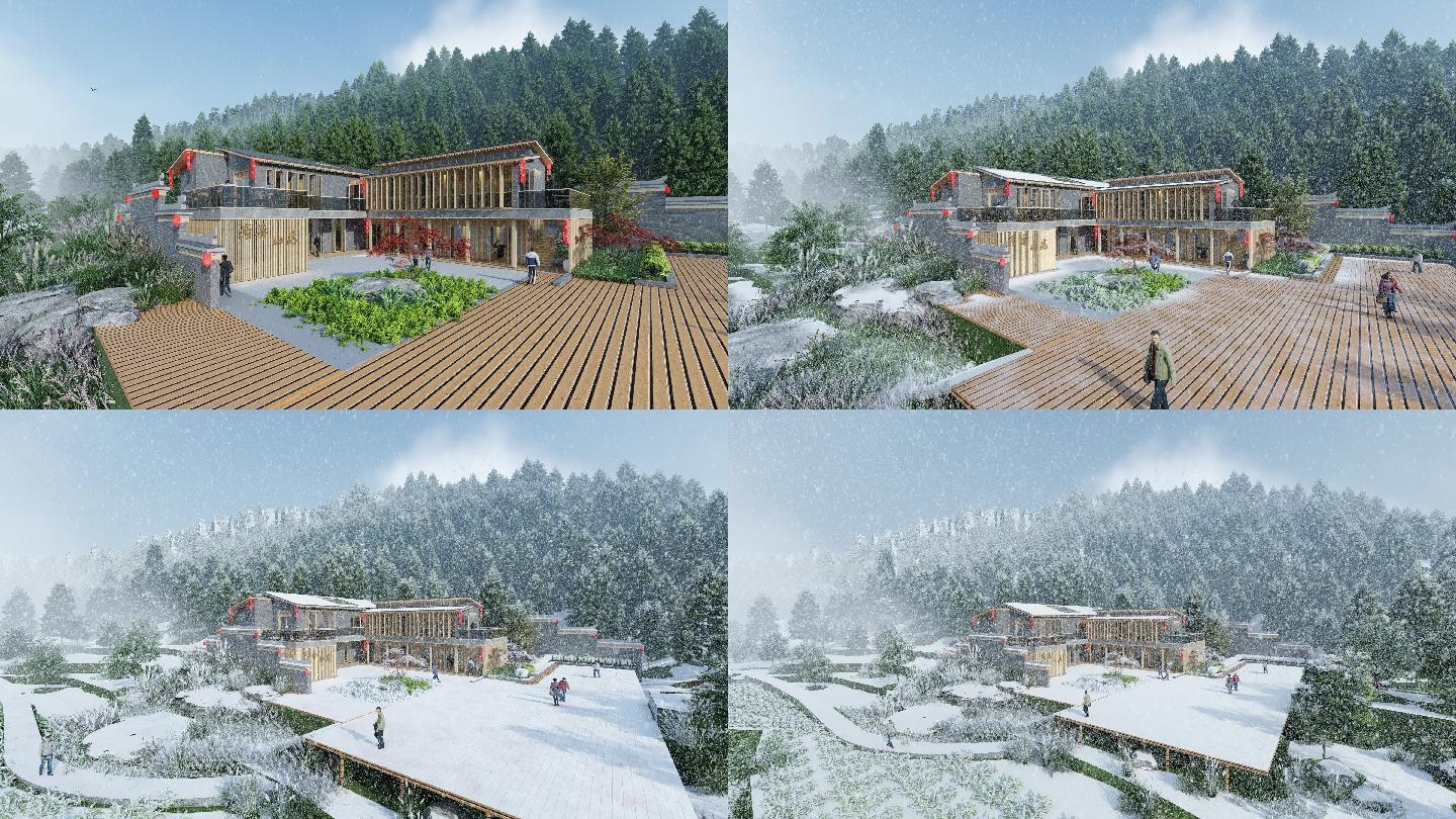 冬天山中木屋雪景延时动画