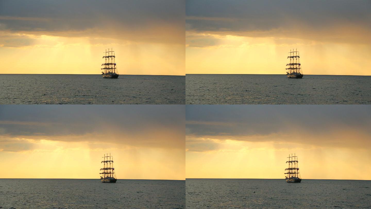 夕阳下海面上的船只