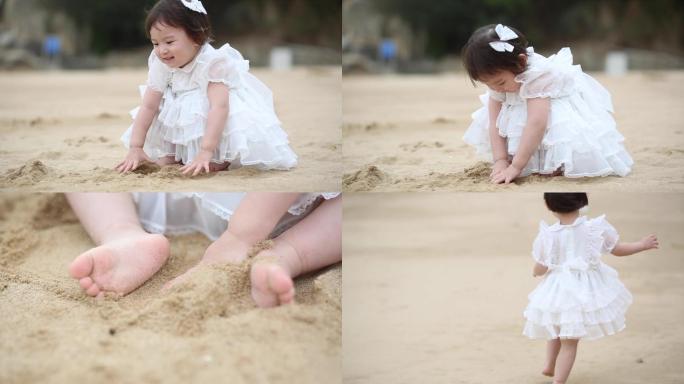 女孩在沙滩上玩沙奔跑【原创可商用】