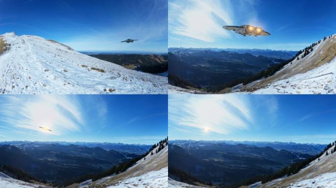 飞船在蓝天背景下的雪山上飞行