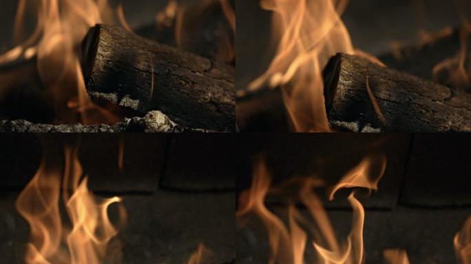 壁炉中燃烧的原木的超慢镜头。